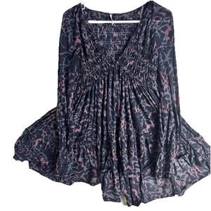 Free People Abstract Animal Print Smocked Mini Dress Top Fairy Whimsigoth Sz S